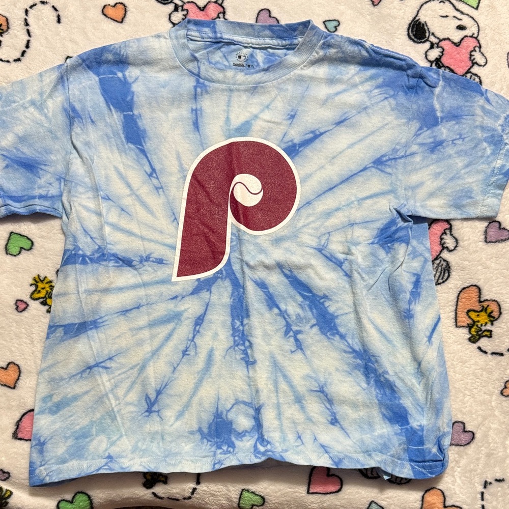 Stitches Blue Tie-Dye Kids Tee with Maroon Logo